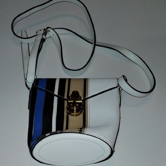 Calvin Klein Mini Shoulder Bag – White with Multicolor Stripes, Gold Logo Clasp - Picture 1 of 6